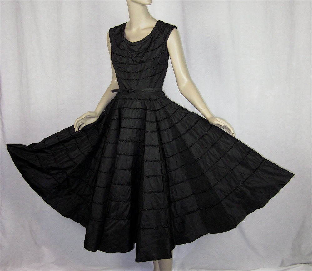 Vintage Early 50s Full Circle Skirt Black Party Dress Sz S