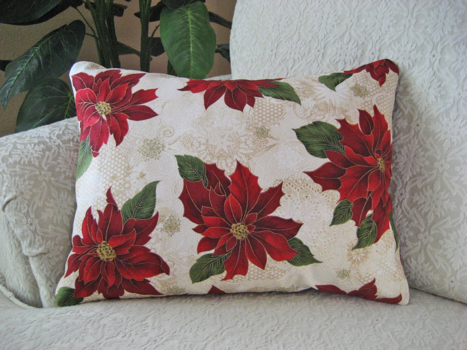 REDUCED Red Christmas Throw Pillow Cover Holiday Poinsettia