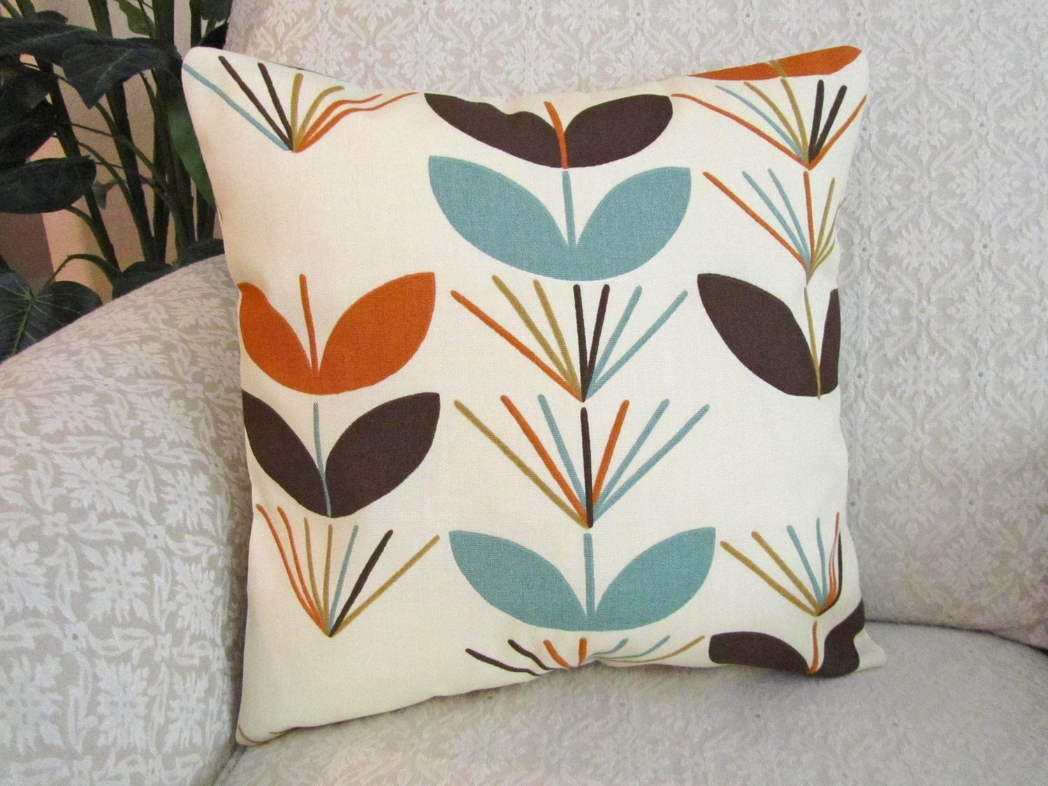 Throw Pillow Cover Decorative Orange Aqua Blue Brown 16 x 16