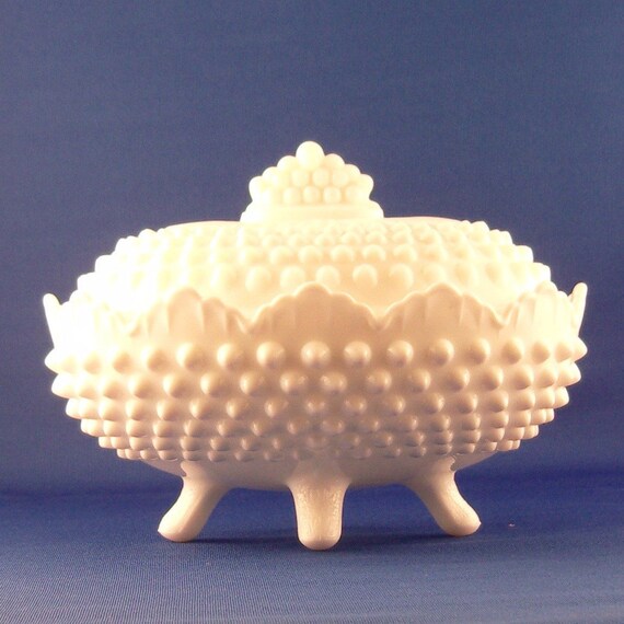 Fenton Milk Glass Footed Candy Dish with Lid Hobnail Trinket