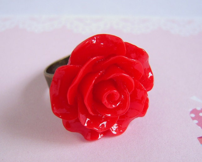 Red Rose Ring Large Flower Ring Rose Jewelry by LittlePinkBox