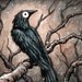 Black Bird, matted original painting by Eden Bachelder, in watercolor, ink, and gouache, raven, crow, corvid