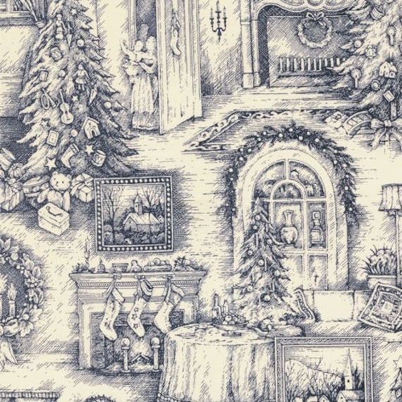 Traditions Christmas Toile Fabric in Night Blue and Cream