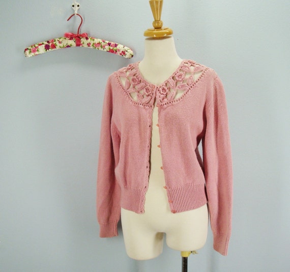 vintage ROSE Pink Open Crochet Sweater Cardigan by SnapVintage