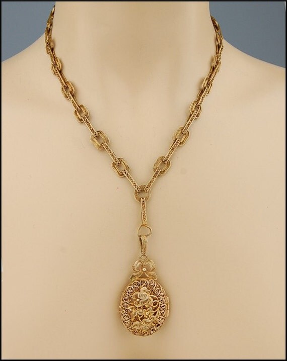 Gold Sterling Vinaigrette Victorian Locket Necklace Vermeil