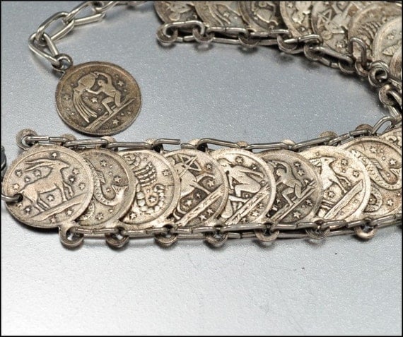 Vintage Zodiac Silver Coin Bracelet Astrology 1940s Jewelry