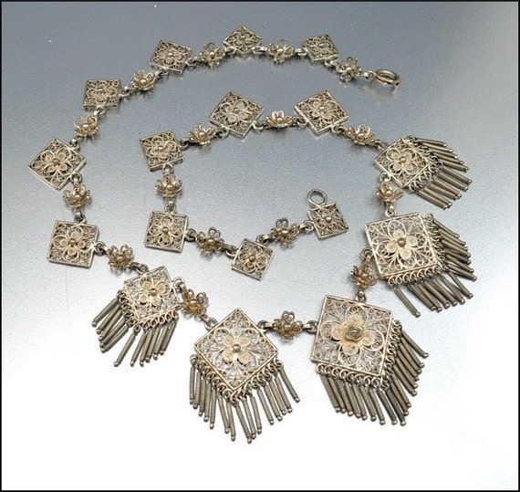 Vintage Italian Silver Filigree Necklace Dangle Pendant 1940s