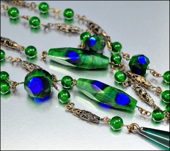 Art Deco Peacock Eye Sautoir Necklace Foil Glass Vintage 1920s