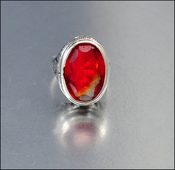 Vintage Art Deco Ring Sterling Silver Ruby Red Glass 1930s