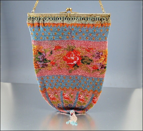 Victorian Handbag Beaded Purse Tapestry Bag Flower Large