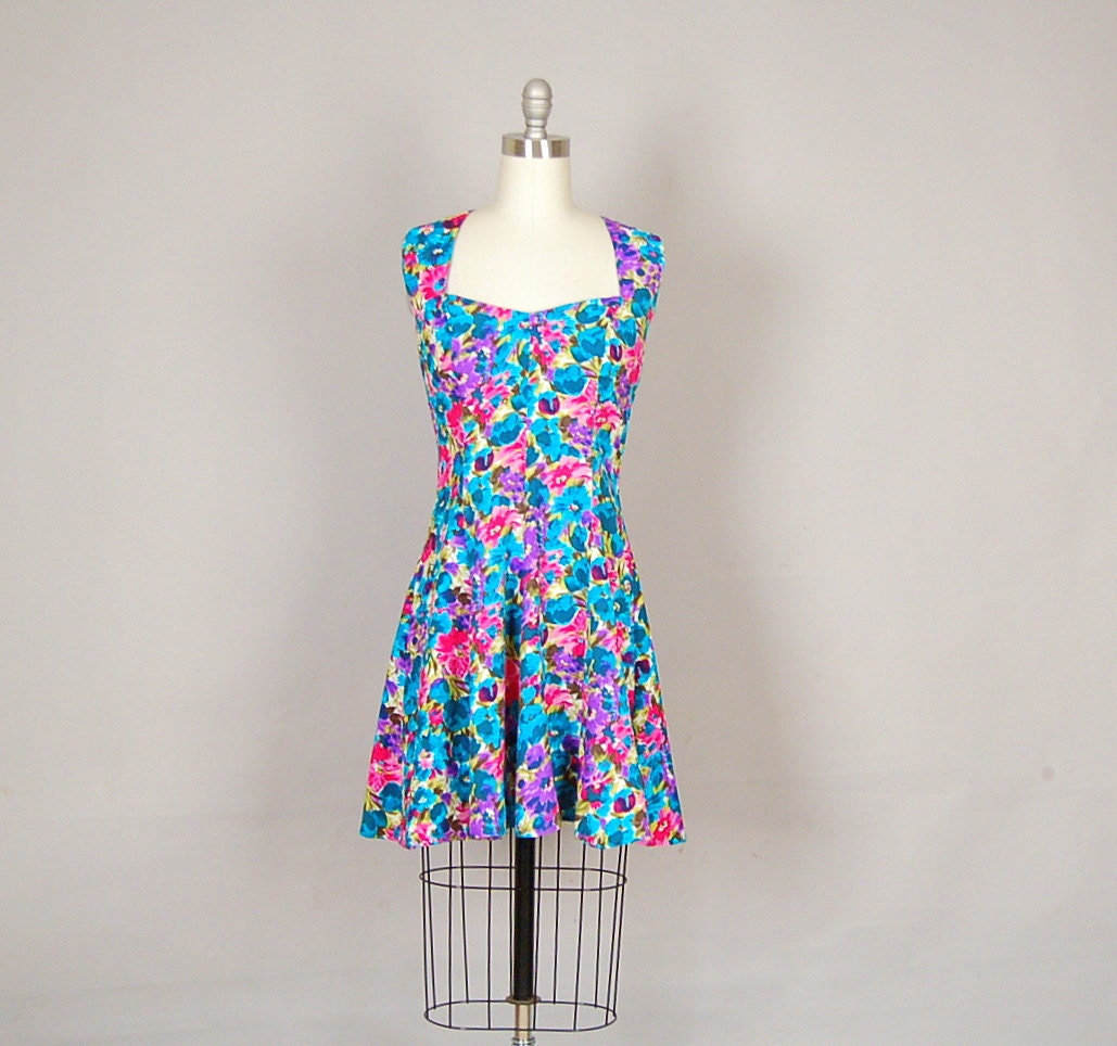 vintage 1980s dress mini floral full skirt by NodtoModvintage