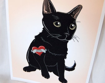 Black Cat Tattoo Print - Eco-Friendly 8x10 Size