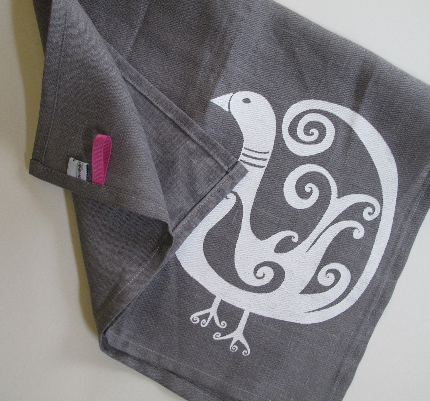 Linen Tea Towel Gray with White Bird by SweetnatureDesigns