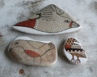 Red and Tan Beach Pottery Collection of Three - Birds