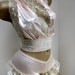 English Peach Satin and Lace Deep Plung Halter Bra Top and Matching Boy Shorts Panties Set in Size Medium