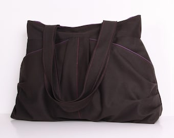 Everyday bag,Dark Gray ,Fume, Pleated Bag, cotton with Purple lining Everyday bag , Shoulder Bag ,