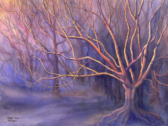 Mystical Tree art watercolor painting print by Cathy