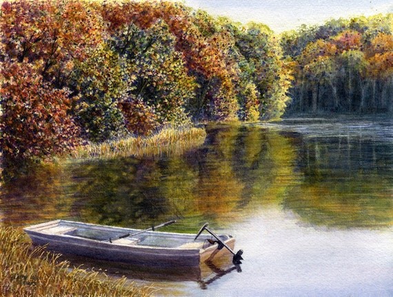 Autumn Lake Fishing Boat watercolor painting print by Cathy Hillegas 