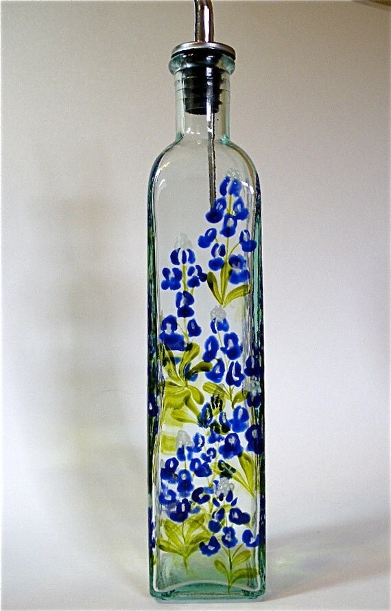 Recycled Glass Olive Oil Bottle Hand painted by GlassWorksEtc