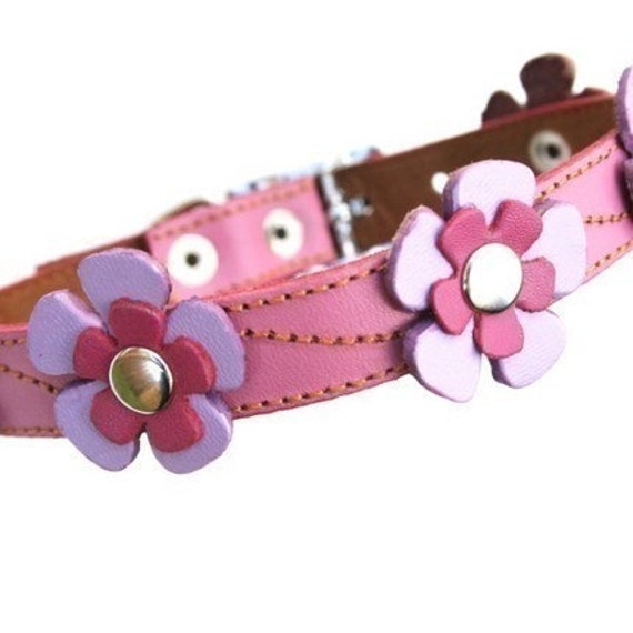 Pink Flowers Leather Dog Collar and Leash Set