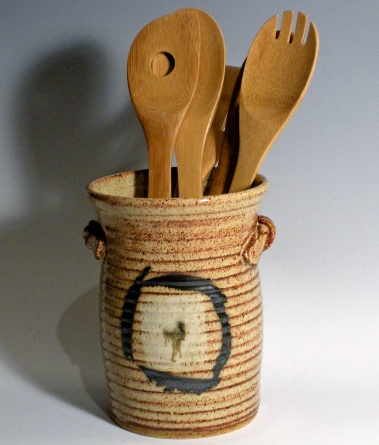 Stoneware Kitchen Utensil Holder with Bamboo Utensils FREE