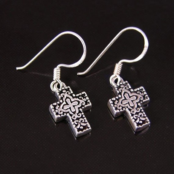 Sterling Silver Cross Byzantine Christian Pierced Earrings
