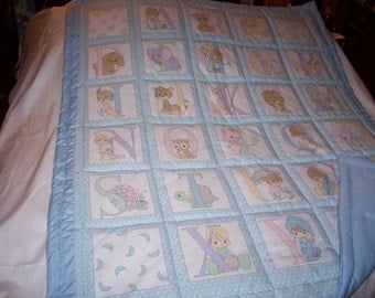 Handmade Baby Precious Moments Boys Blue Alphabet Baby/Toddler Quilt-Newly Made 2017