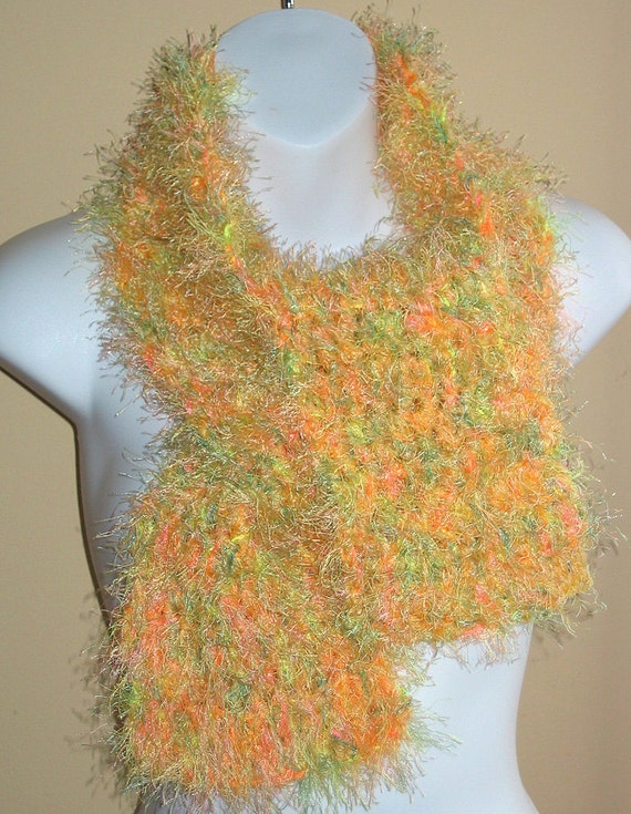 Scarf Crochet Eyelash yarn YelllowGoldGreen5 by MyCountryCloset