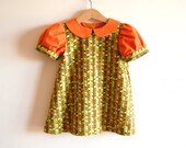 AUTUMN LEAVES baby girls handmade dress with short puff sleeves and peter pan collar, size 12m