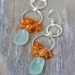 Sea Glass Earrings. Aqua Seaglass Chandelier Earrings with Carnelian