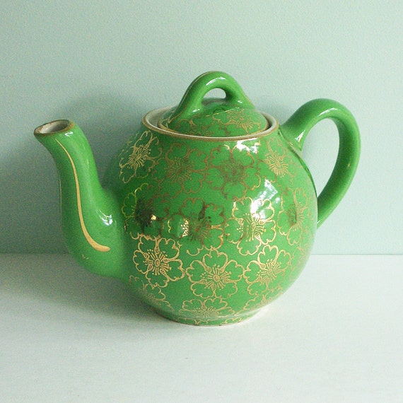 Tiny Hall China 2Cup Teapot Green with Gold French Flower