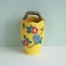 Yellow Ceramic Vase with Embossed Flowers and a Twig Handle, Made in Japan