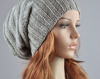 Hand knit hat woman winter hat Light Grey Chunky Wool Hat slouchy hat- ready to ship