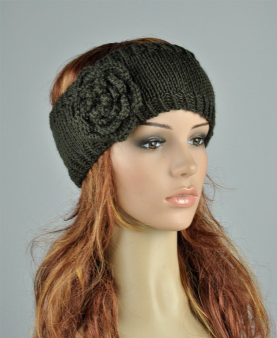 Final sale - Hand knit head band, Olive head band with Crochet flower - il_570xN.237860486