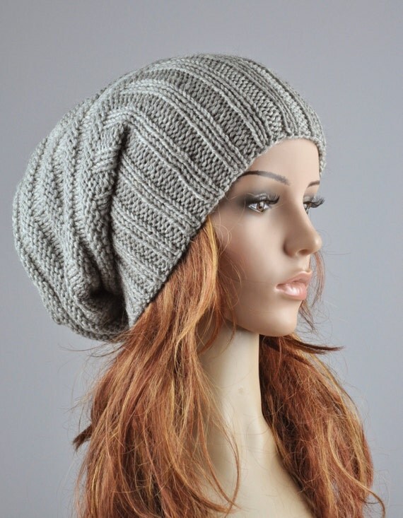 Hand knit hat woman winter hat Light Grey Chunky Wool Hat
