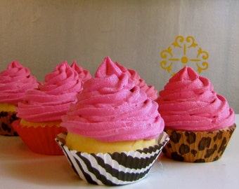 Fake Cupcake "Wild Side" Collection Large Standard Size Cupcake Black White Zebra Liner with Hot Pink Frosting