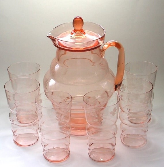 Dunbar Pink Depression Glass Beverage Set Pitcher and 6