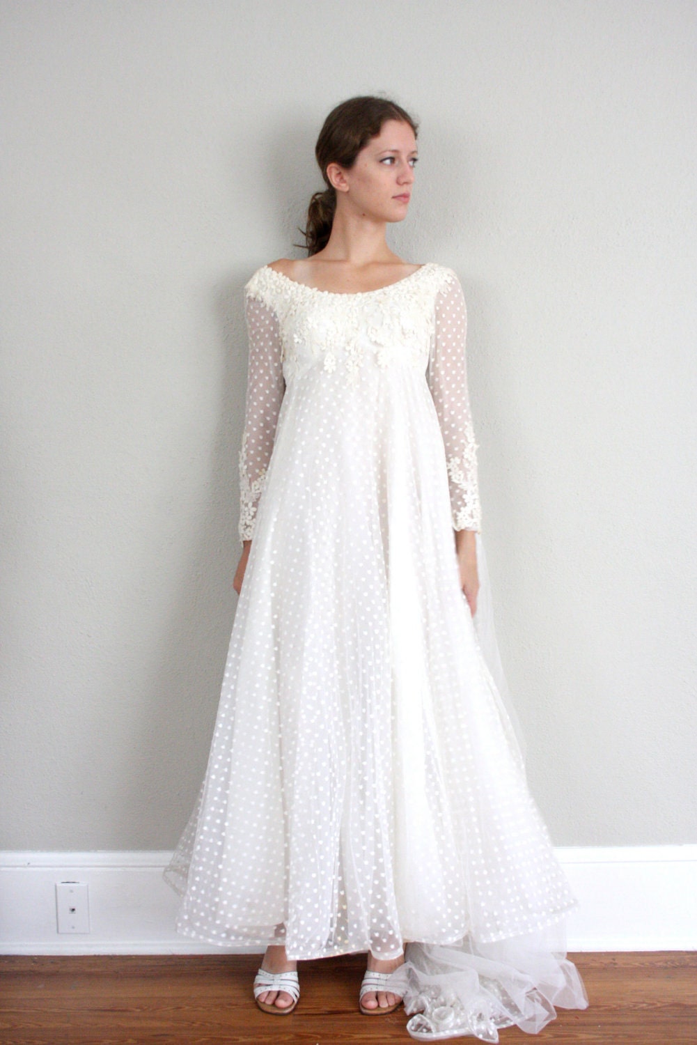 Vintage 1950s Wedding Dress in White Polka Dot Sheer Lace and