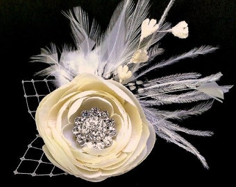 Bridal Hair Clip, Rustic Wedding Headpiece, Flower Wedding Fascinator, Feather Fascinator, Wedding Barrette, Bridal Headpiece, MELIANA