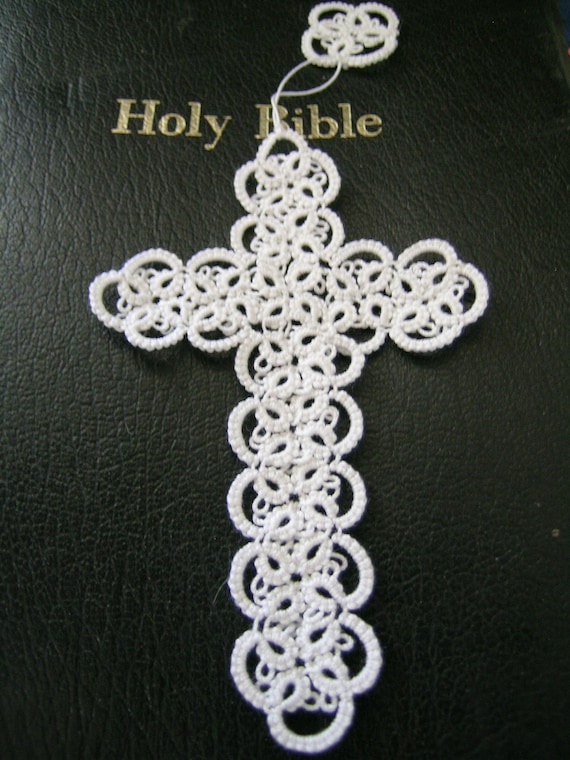 White Tatted Cross Bookmark Handmade Tatting FREE SHIPPING