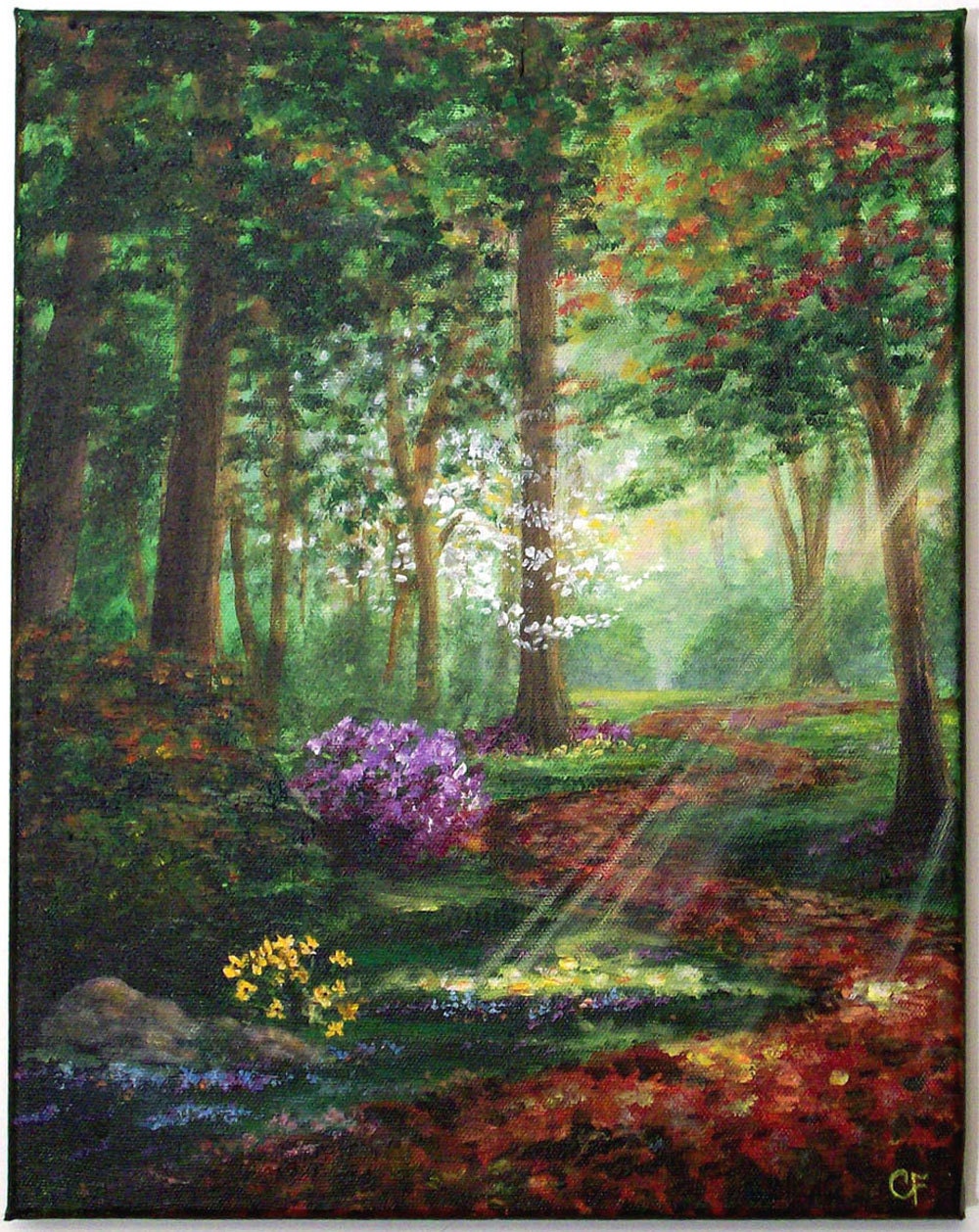 Original 11x14 Tree forest fall acrylic painting Peaceful