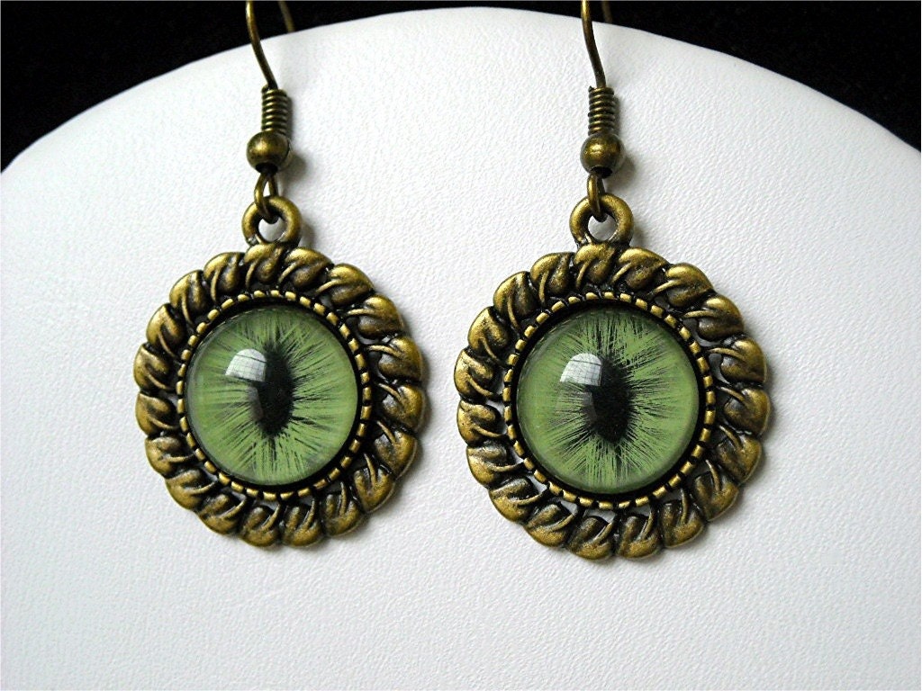 Earrings Cat Eye Taxidermy Jewelry Dangle Hand Painted Green