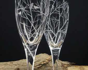 Reaching Branches With Bird Silhouettes Two Champagne Flutes Hand Engraved Weddings