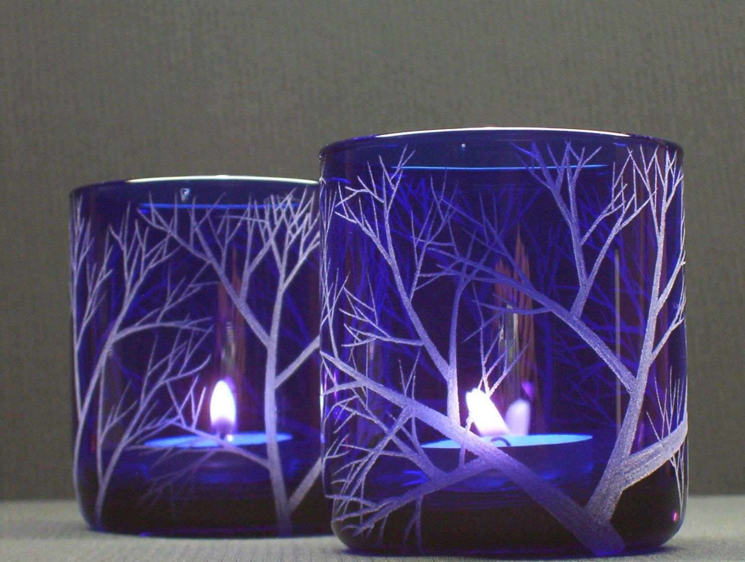 Two Cobalt Blue Candle Holders Hand Engraved With