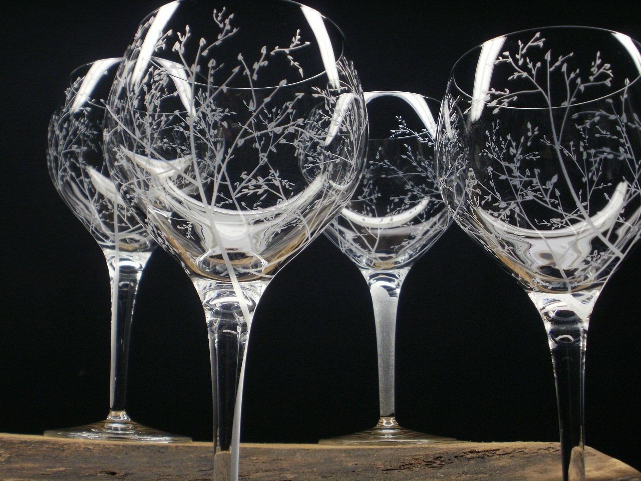 4 Red Wine Glasses Hand Engraved Crystal Glass Branches