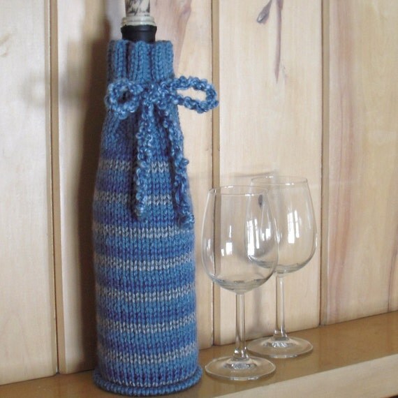 Knitted Wine Bottle Sleeve Icy Blue Stripes