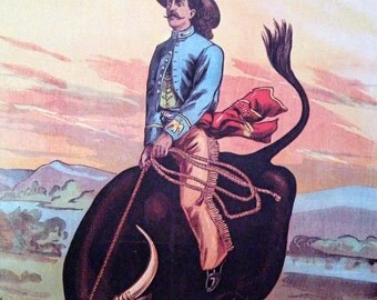 Vintage Buffalo Bills Wild West Rough Riders Circus Poster Bucking Steer Poster Size Book Plate