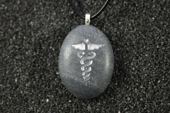 Silver Caduceus Engraved Stone Medic Alert Symbol Gray Stone