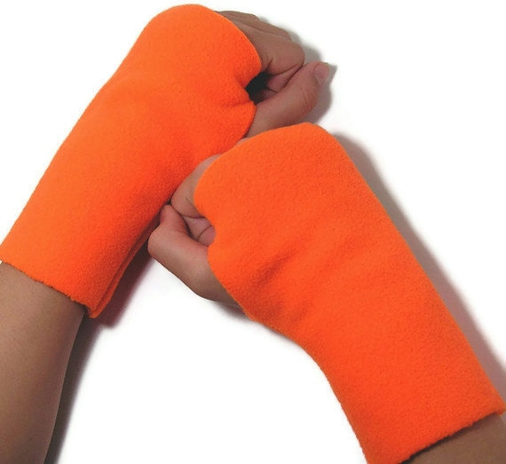 KIDS Fleece Fingerless Gloves Bright Neon Orange Sizes XS