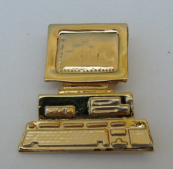 Computer love gold brooch 1990s obsolete PC pin by youdigitthemost